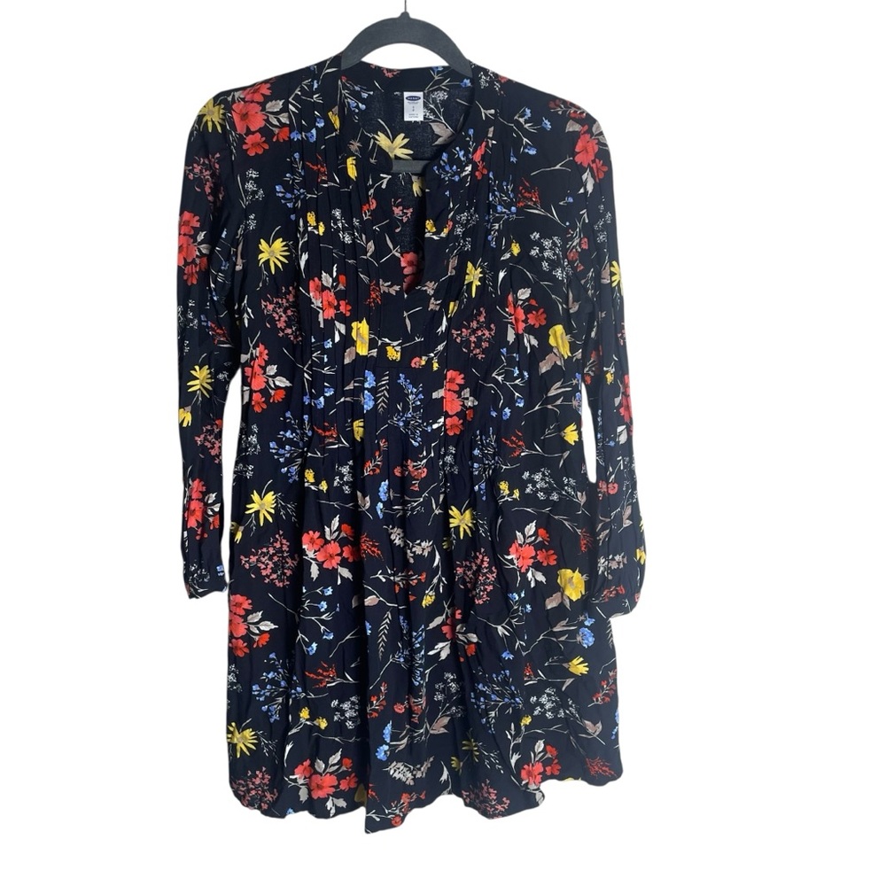 Old Navy Red Yellow Multicolor Floral Pintuck Long Sleeve Dress Black Small